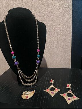 Silver Beaded Necklace with Pink, Teal, and Purple Accents